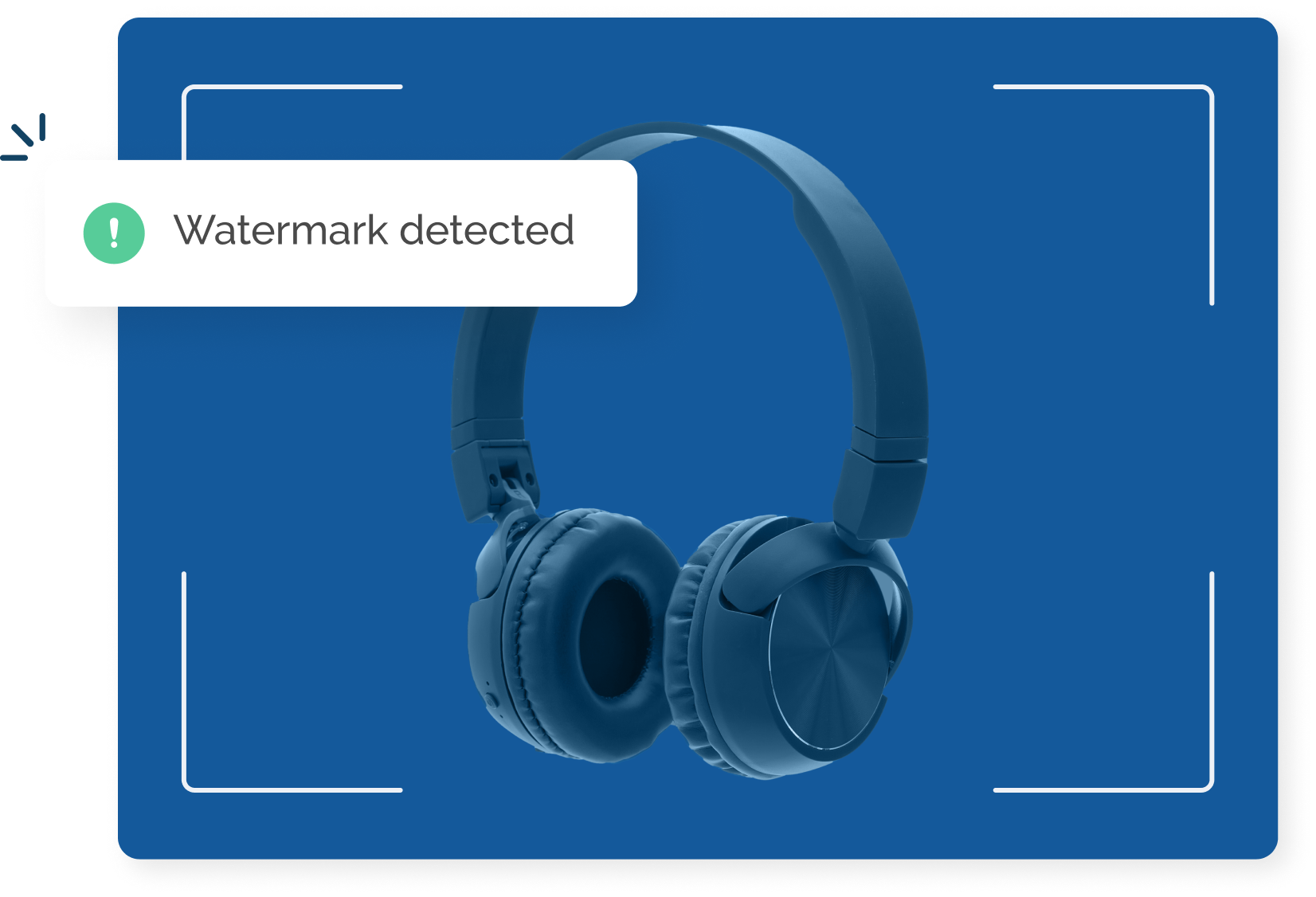 Headphones on a dark blue background highlighted by 4 white brackets with a watermark detected popup