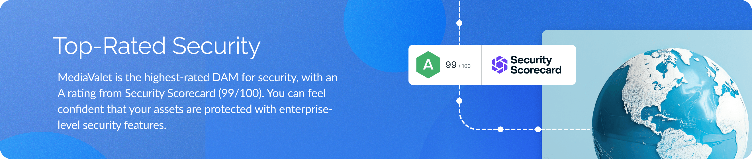 Image highlighting MediaValet's A security rating, 99/100 from Security Scorcard.