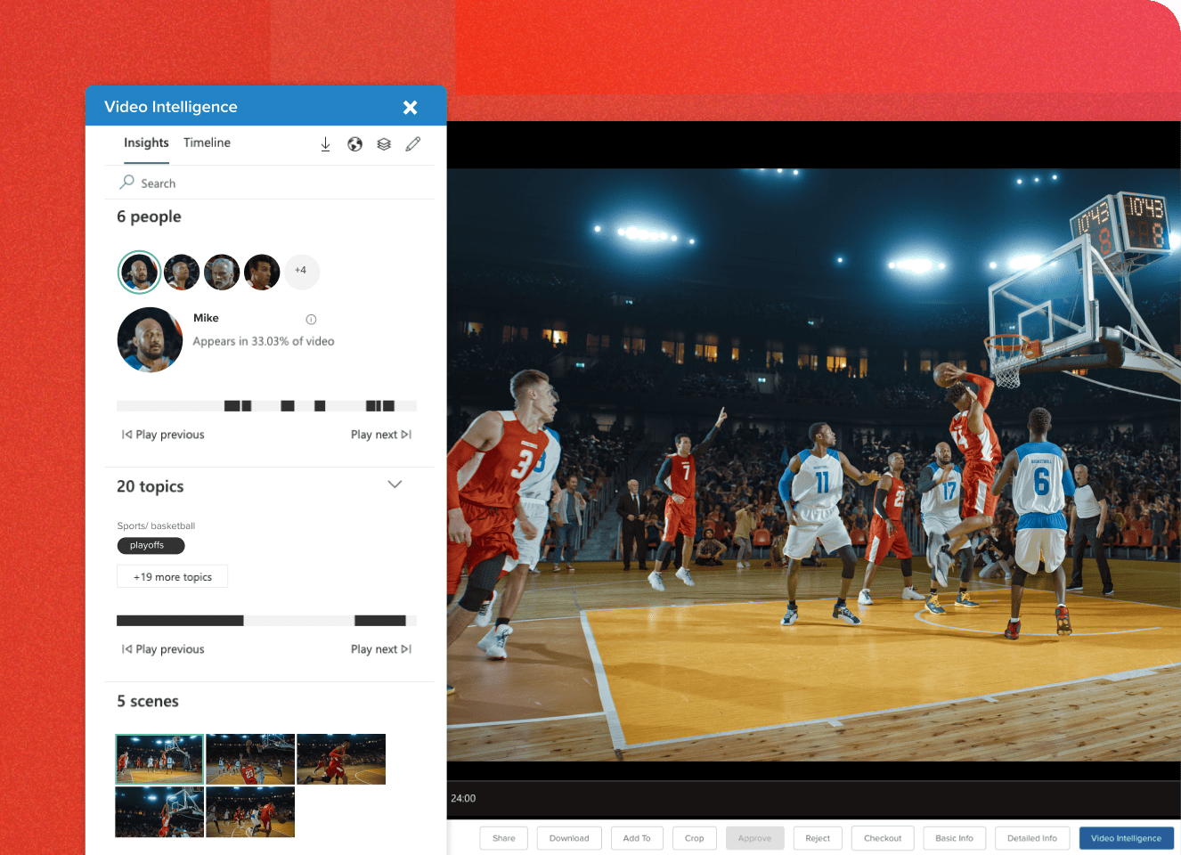 Video in a MediaValet library to showcase Video Digital Asset Management capabilities including AVI identifying people within the video. Group of men in blue and red jerseys playing basketball on a court