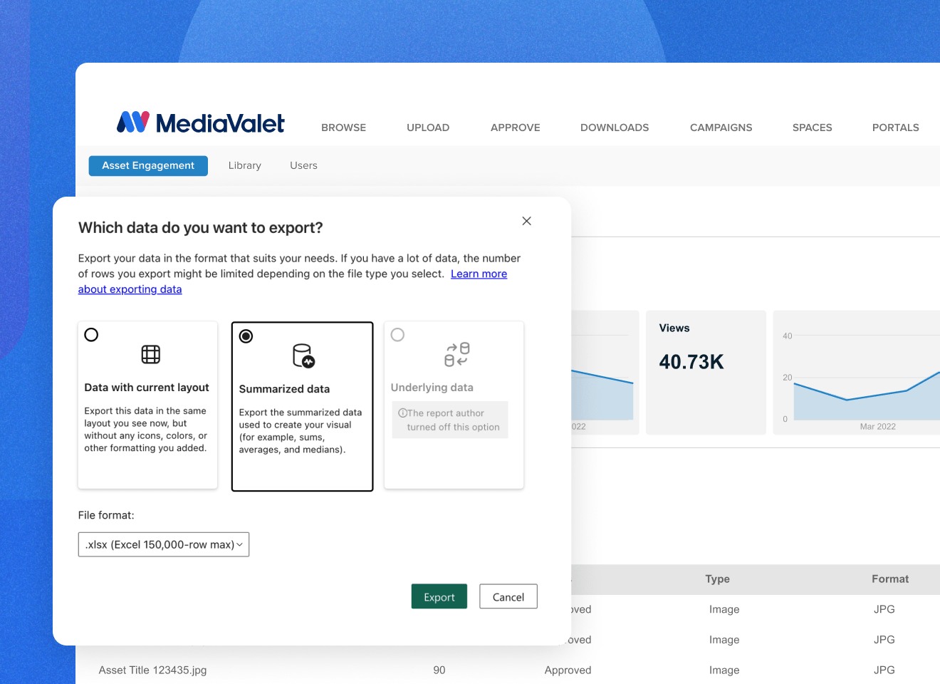 MediaValet UI showing reporting functionality to see asset engagement and popup box with which data to export in file format type on a faded blue geometric background