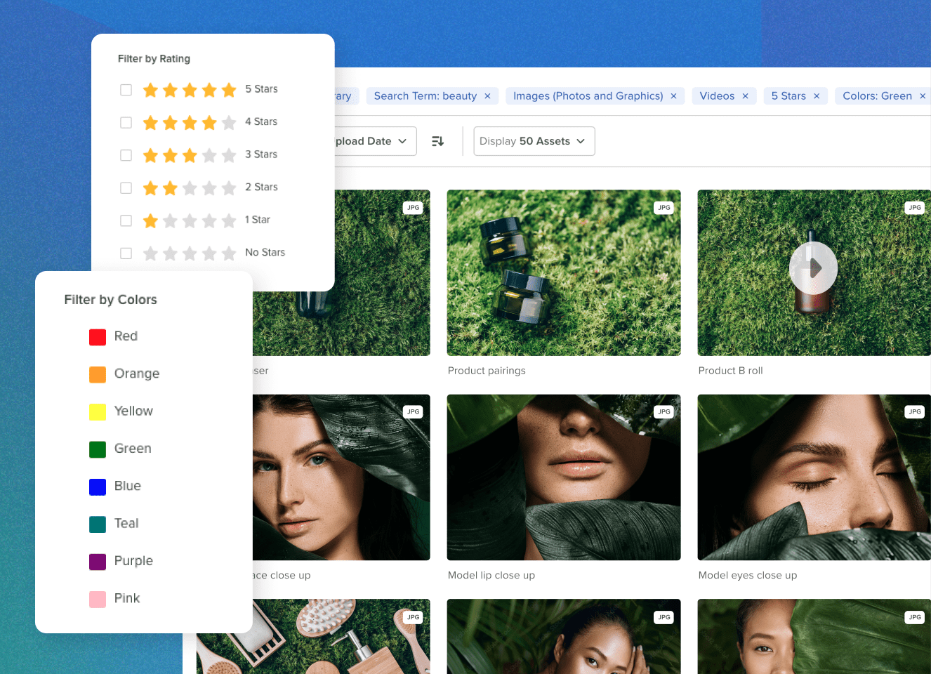 Rating and Color Filter dropdown overlay a gallery of beauty images with green backgrounds.