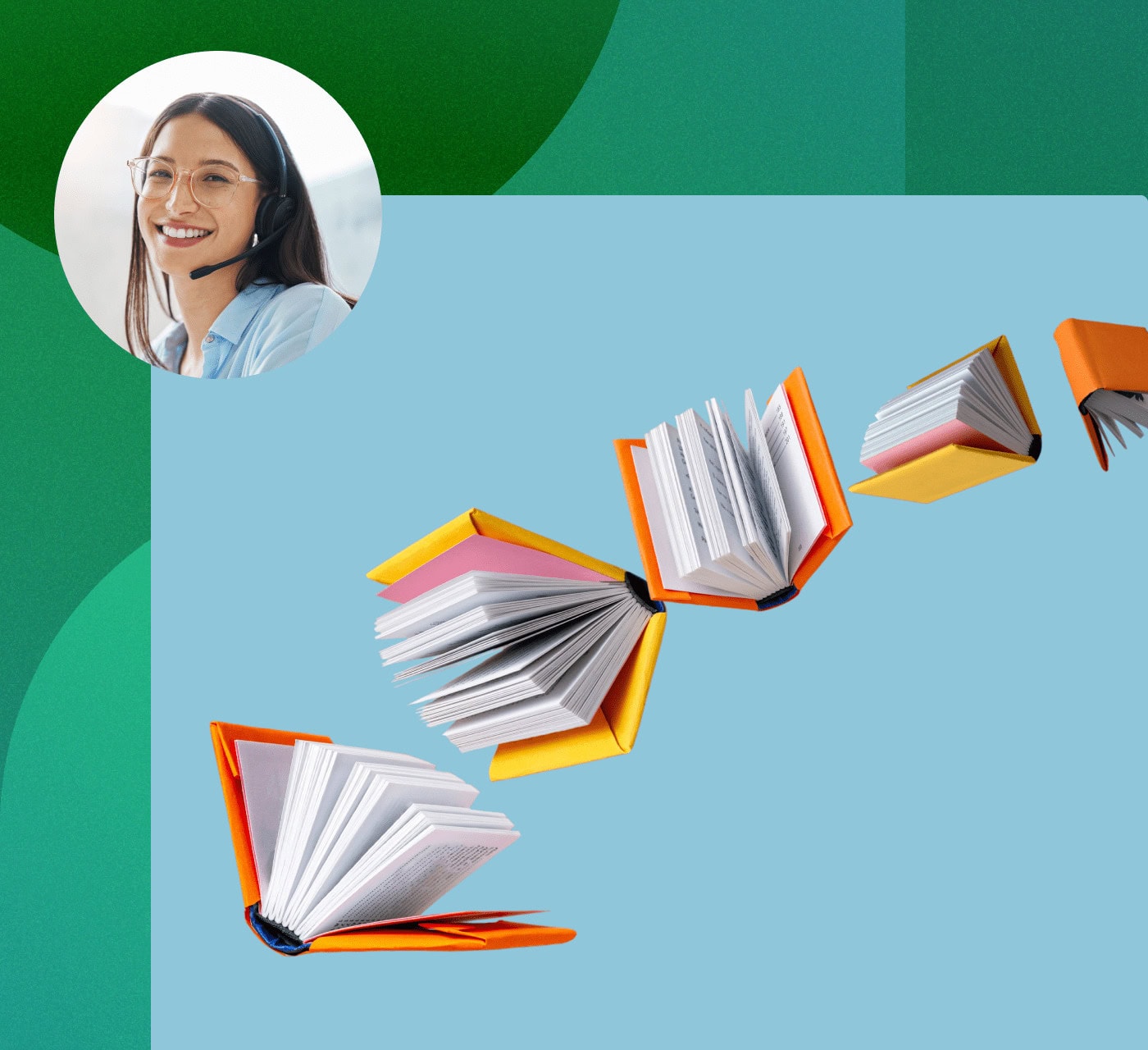 A bunch of books with a woman wearing a headset as an icon at the top
