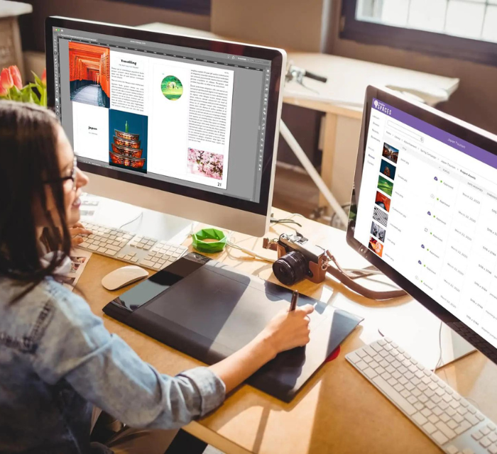 A woman looking at two computer screens and searching through her digital assets
