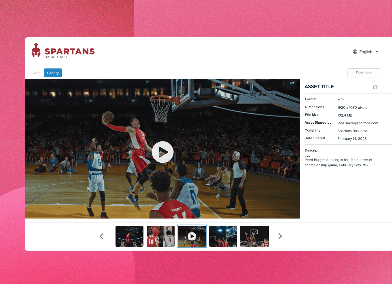 MediaValet CDN Linking for video. Video file of a basketball game with a player about to dunk a basket
