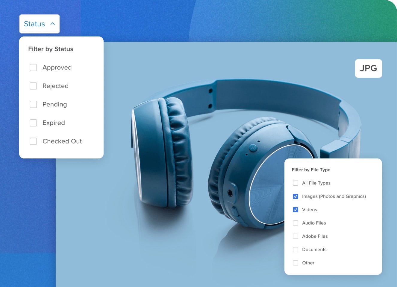 Blue headphones with screens of MediaValet's advanced search features