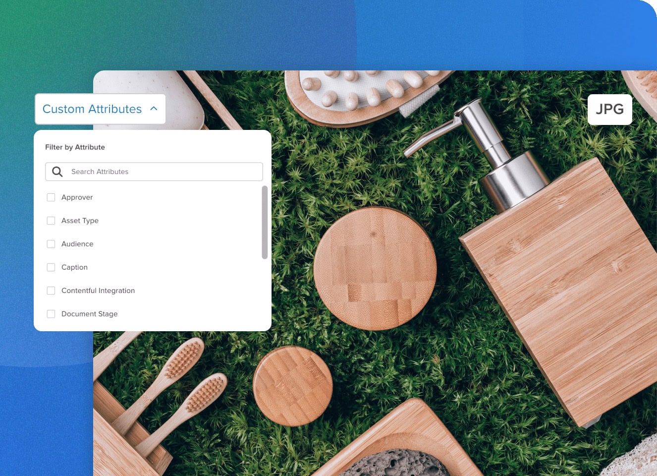 Beauty products on a grass background with screenshots of MediaValet's advanced search feature
