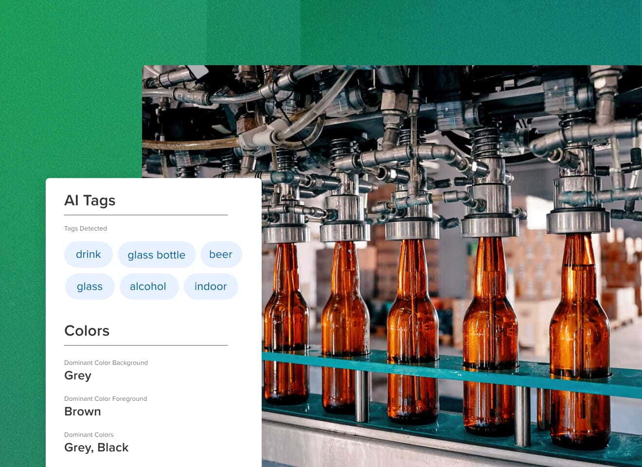 Bottling factory assembly line with screenshot of ai auto-tagging