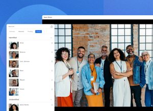 Diverse team photo overlayed with a module of MediaValet's face recognition identifying faces in the photo