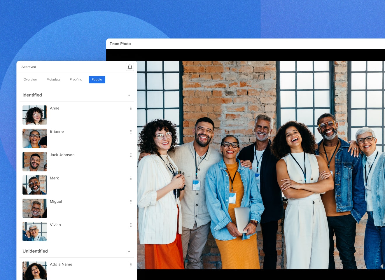 Diverse team photo overlayed with a module of MediaValet's face recognition identifying faces in the photo