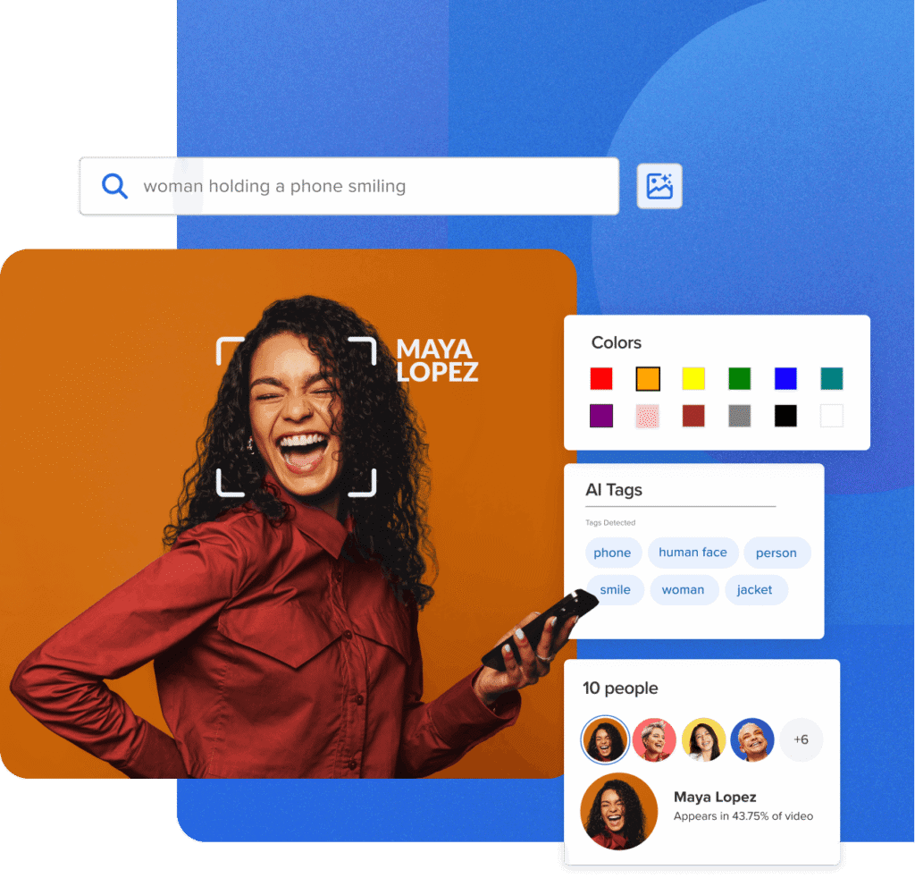 Smiling woman in red shirt with screens of ai features over top