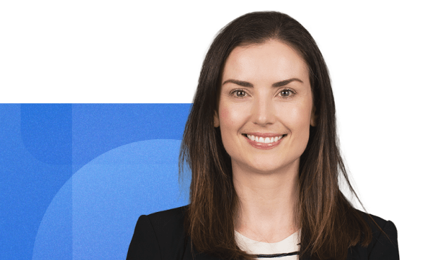 Headshot of Brona O-Connor from mediavalet with a geometric blue background