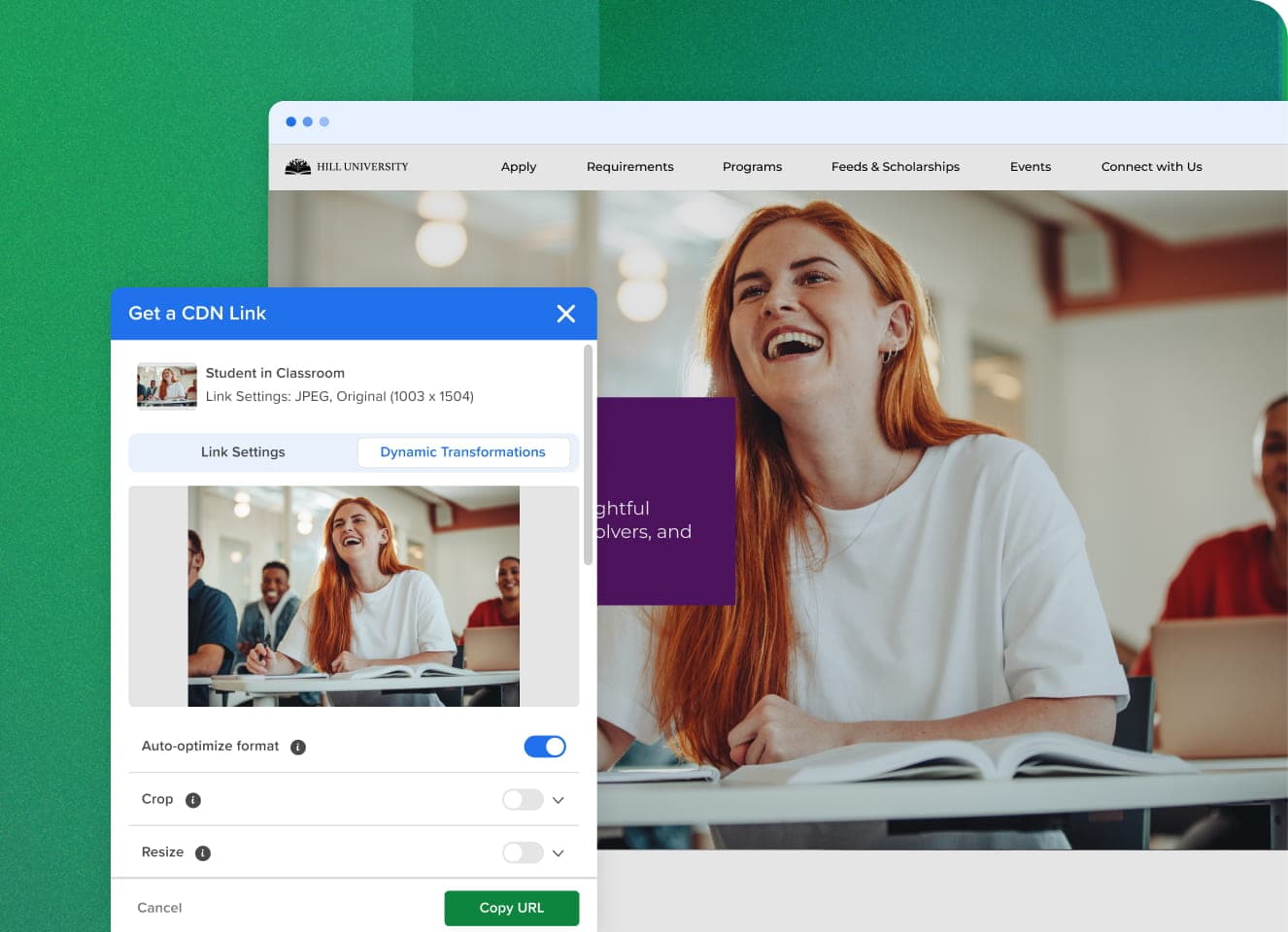 Smiling student with a screenshot of a cdn link to the image