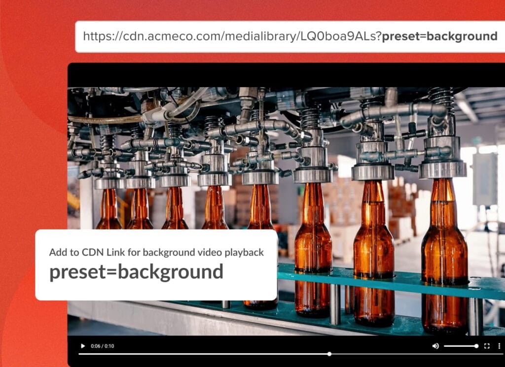 Video of beer bottles in an assembly line, with a screen of a cdn link