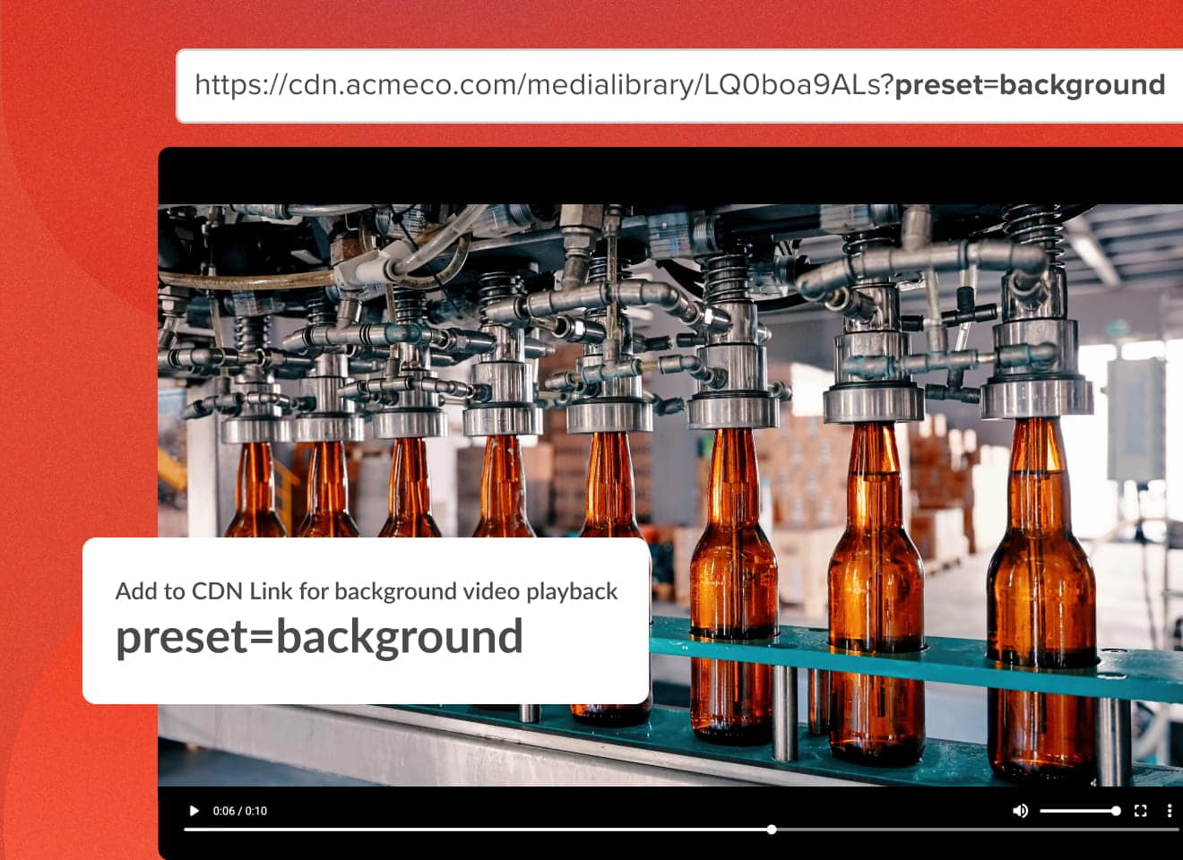 Video of beer bottles in an assembly line, with a screen of a cdn link