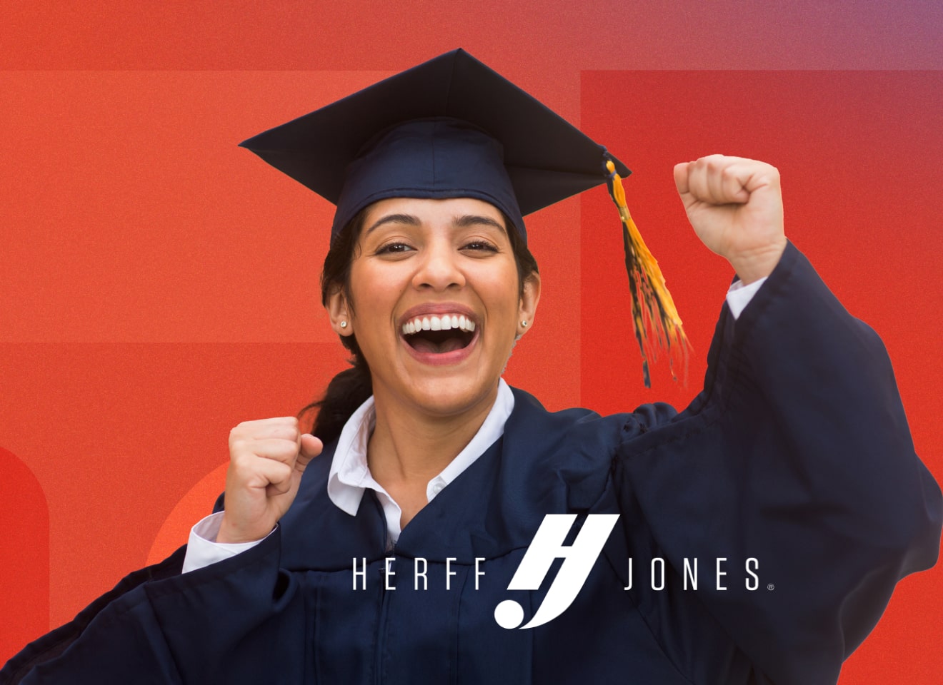 Red background with a female graduate punching the air in her cap and gown.