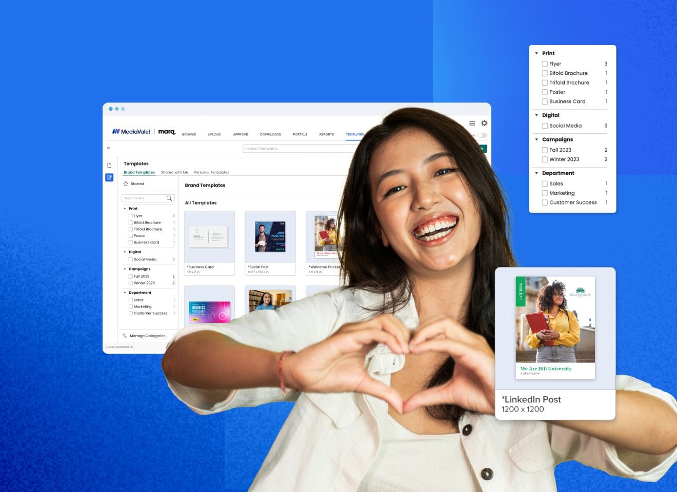 asian woman smiling and posing with her hand in a heart gesture. A mockup of MediaValet Templating behind her on a blue background