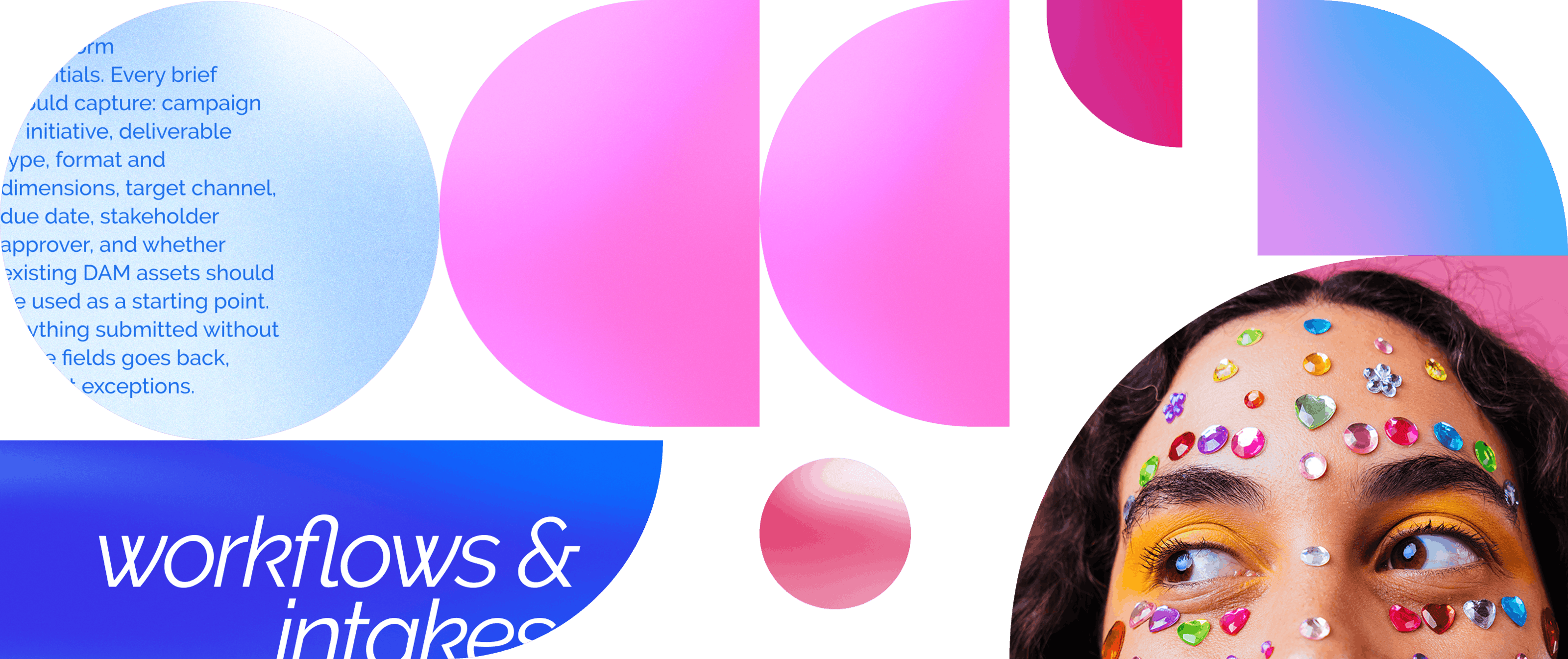A collage of shapes in gradients of pink and blue on a light blue background. One of the shapes has a close up of a woman upper half of her face covered in gem stickers looking to the left side while 2 other shapes has text written in it.