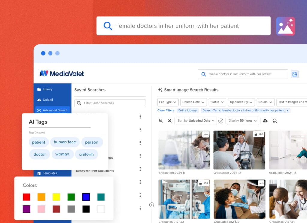 mediavalet screen highlighting advanced search, smart image search, AI tags