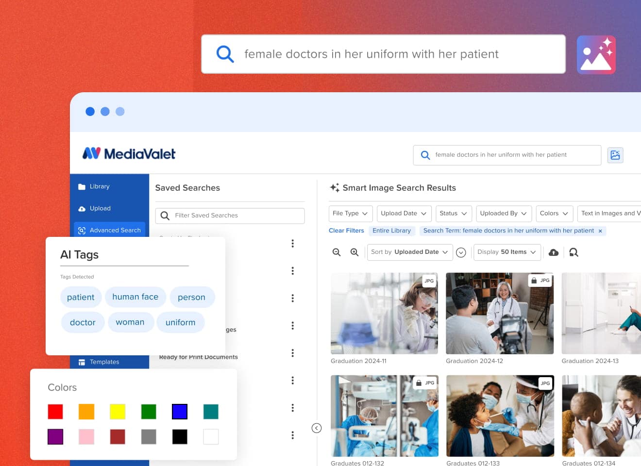 mediavalet screen highlighting advanced search, smart image search, AI tags