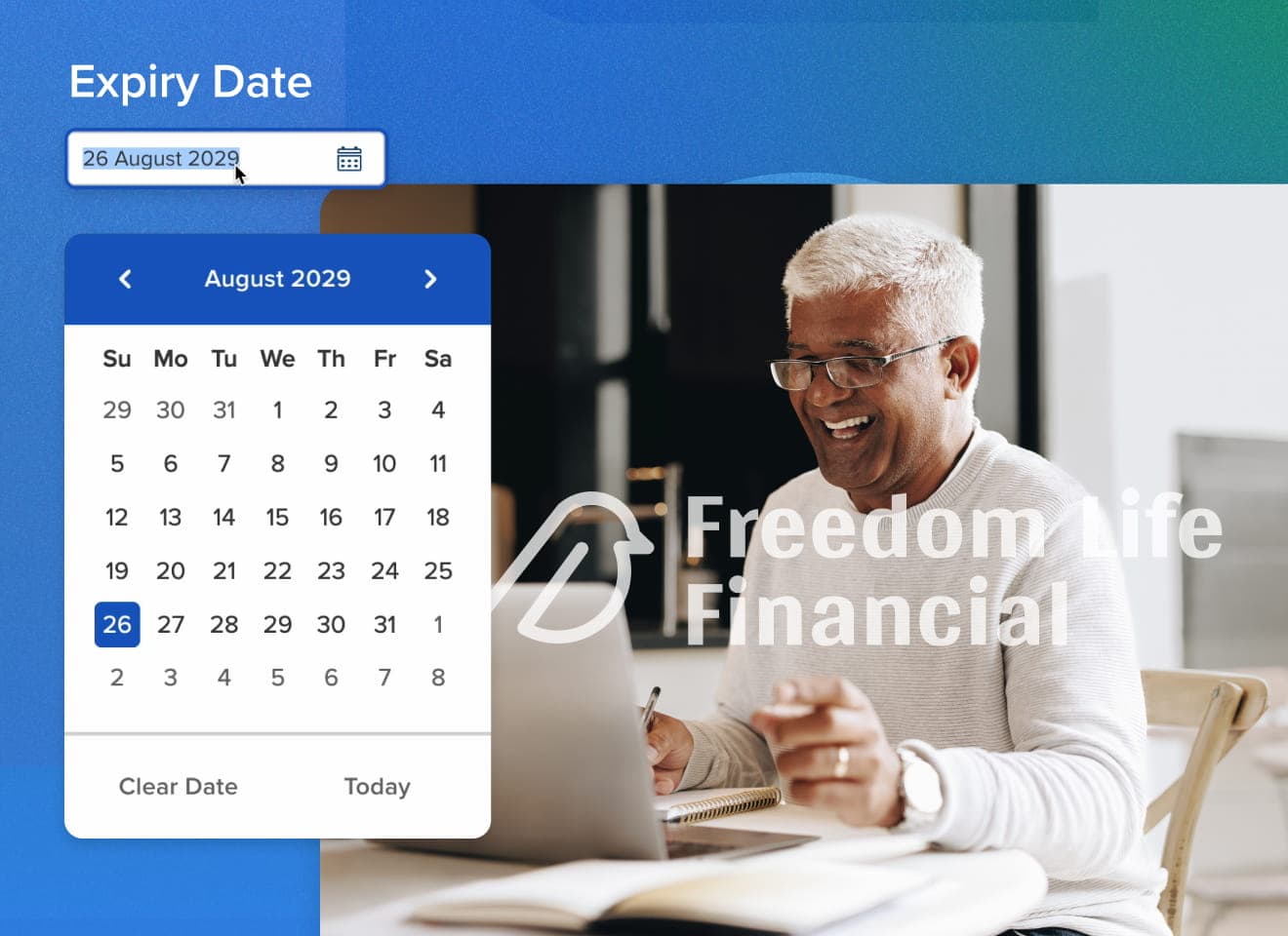 An image of an old man in glasses smiling looking at his computer screen with an watermark of 