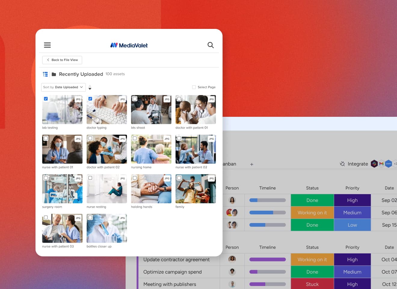 MediaValet's Unify integration modules overlayed on top of monday.com's platform. The integration module highlights a series of images associated to healthcare