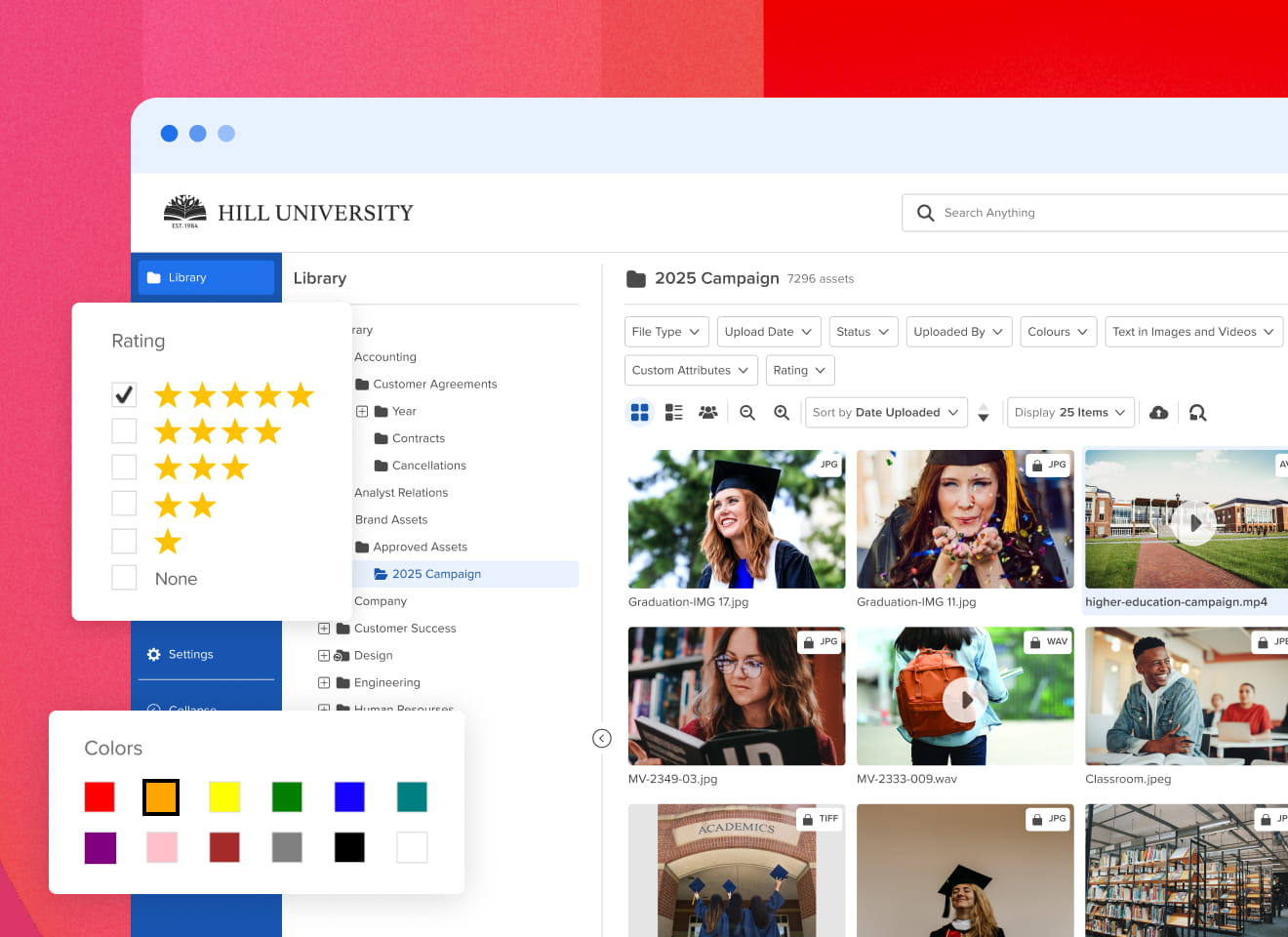Hill University Higher Education DAM showcasing images of students life, graduation, and school b-roll videos with star rating and color filter module overlayed
