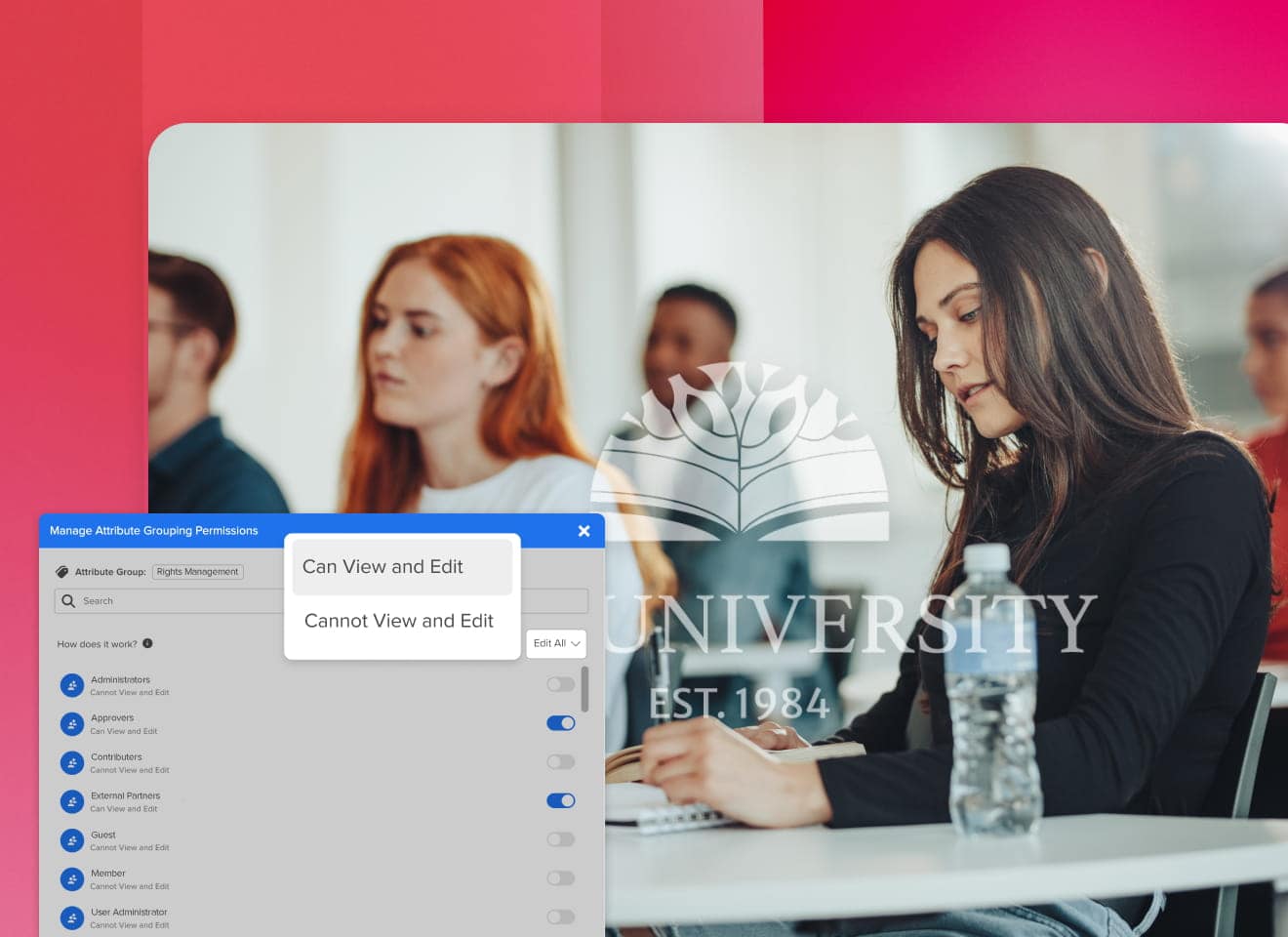 An image of students reading in class with an overlay of a module highlighting MediaValet's attribute groupings permissions on viewing and editing rights.