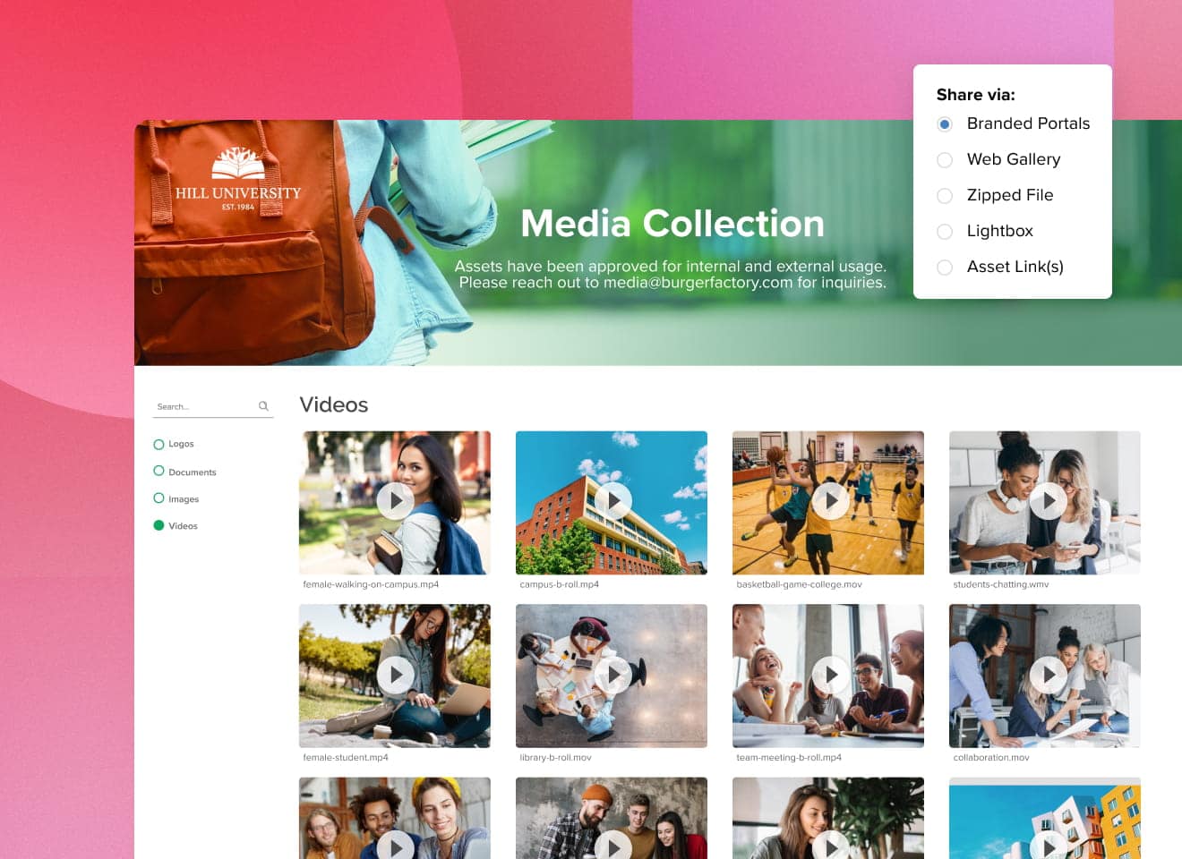 Branded Portals of Hill University highlighting videos