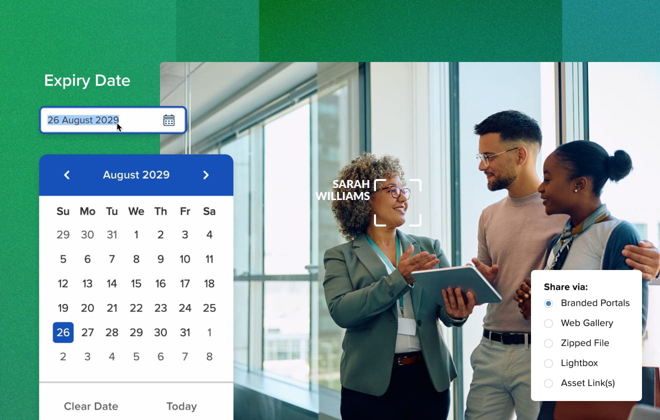 an Image of a financial advisor looking at her two clients while holding a tablet with an overlay of a module with MediaValet's sharing capabilities and a module of expiry date setting. The financial advisor's face is framed with face recognition highlighting her name 