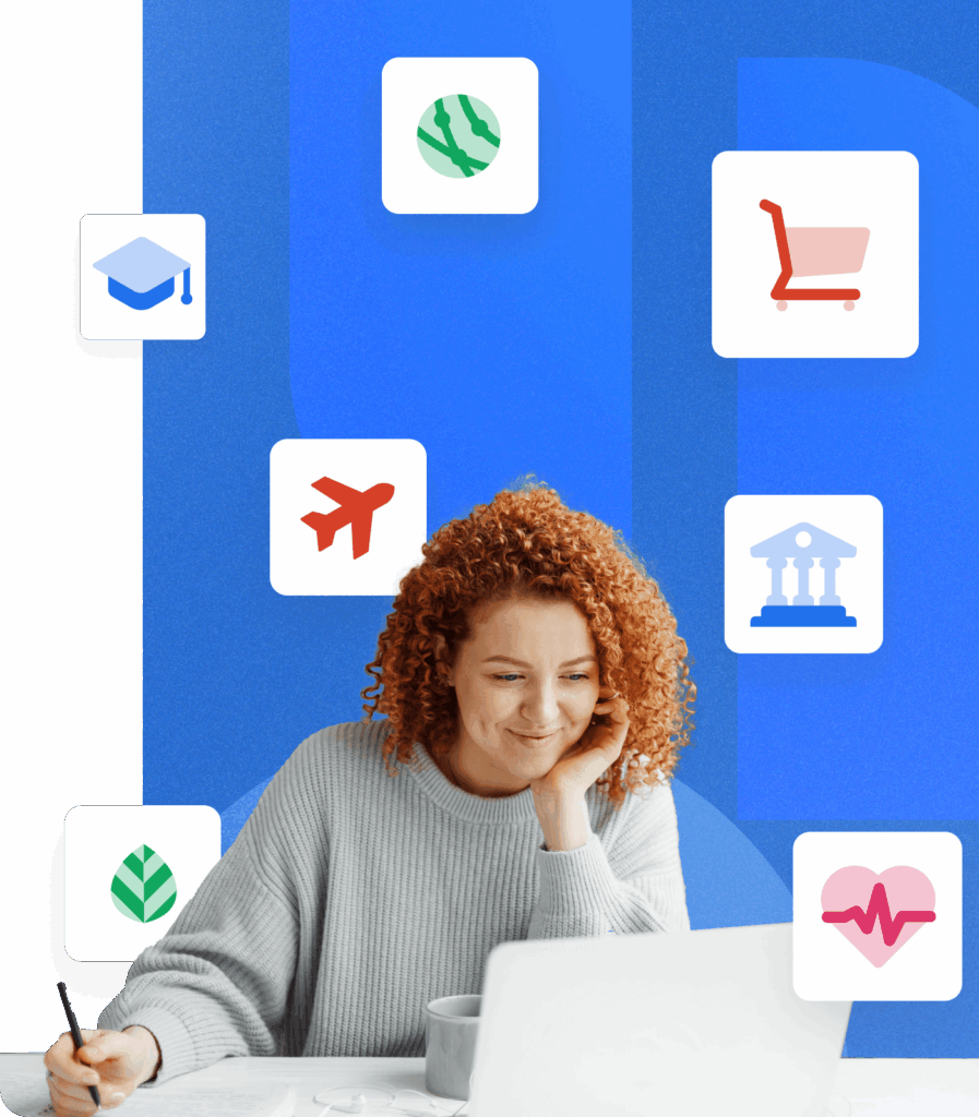 Woman in front of laptop on a blue background surrounded by industry specific icons