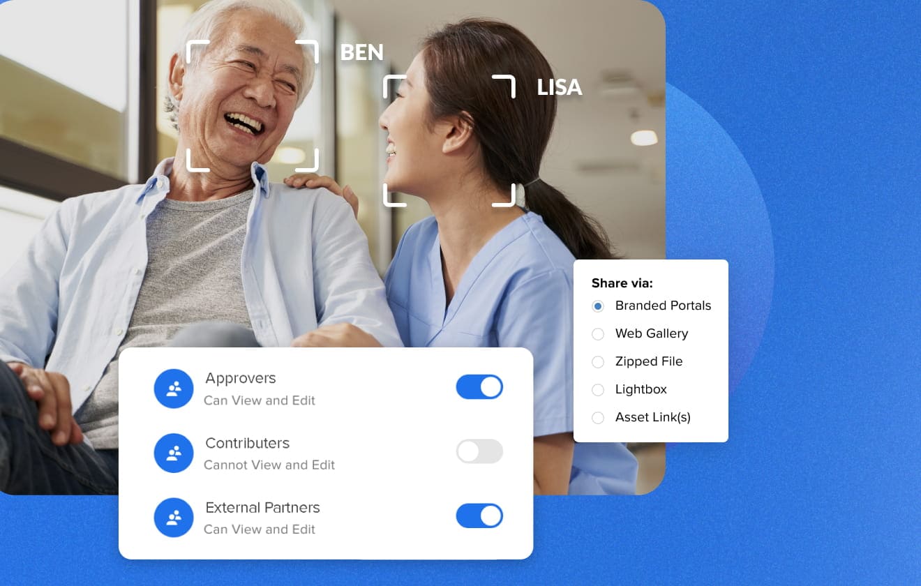 an Image of a female nurse looking at her elder patient in a wheelchair smiling indoors with an overlay of a module with MediaValet's sharing capabilities and a module of user permissions on viewing and editing rights. Their faces are framed with face recognition highlighting their names Ben and Lisa.