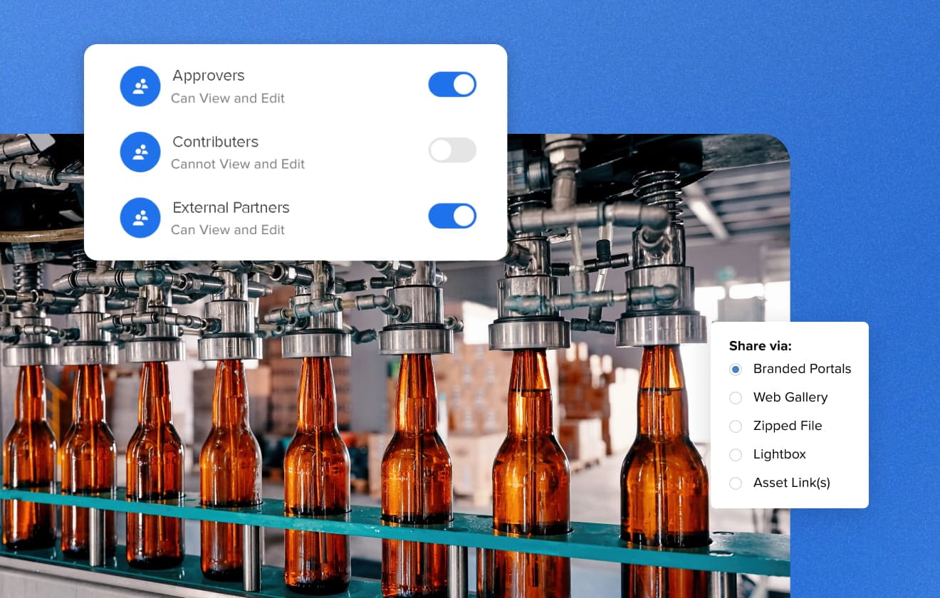 An image of a beer manufacturing plant with an overlay of a module with MediaValet's sharing capabilities and a module of user permissions on viewing and editing rights.