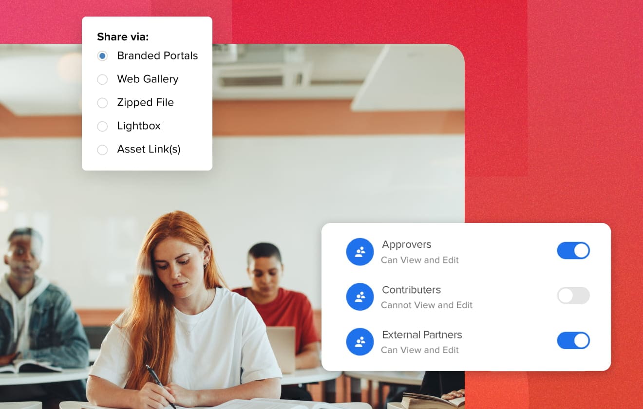 an Image of a female student in classroom writing in her notebook with an overlay of a module with MediaValet's sharing capabilities and a module of user permissions on viewing and editing rights.