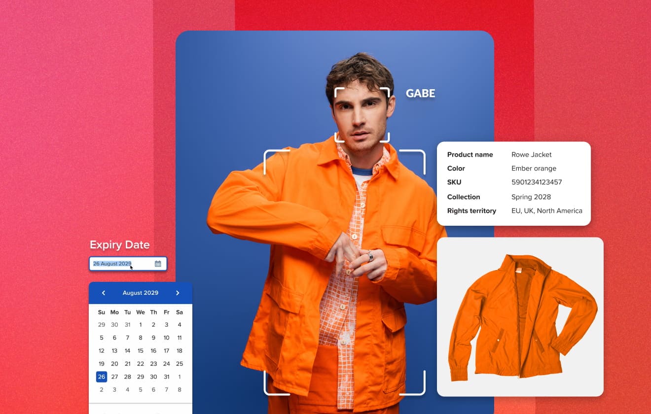 man posing in a orange jacket with MediaValet's face recognition on his face and his orange jacket highlighted with PIM information. A expiry module is also overlayed on him