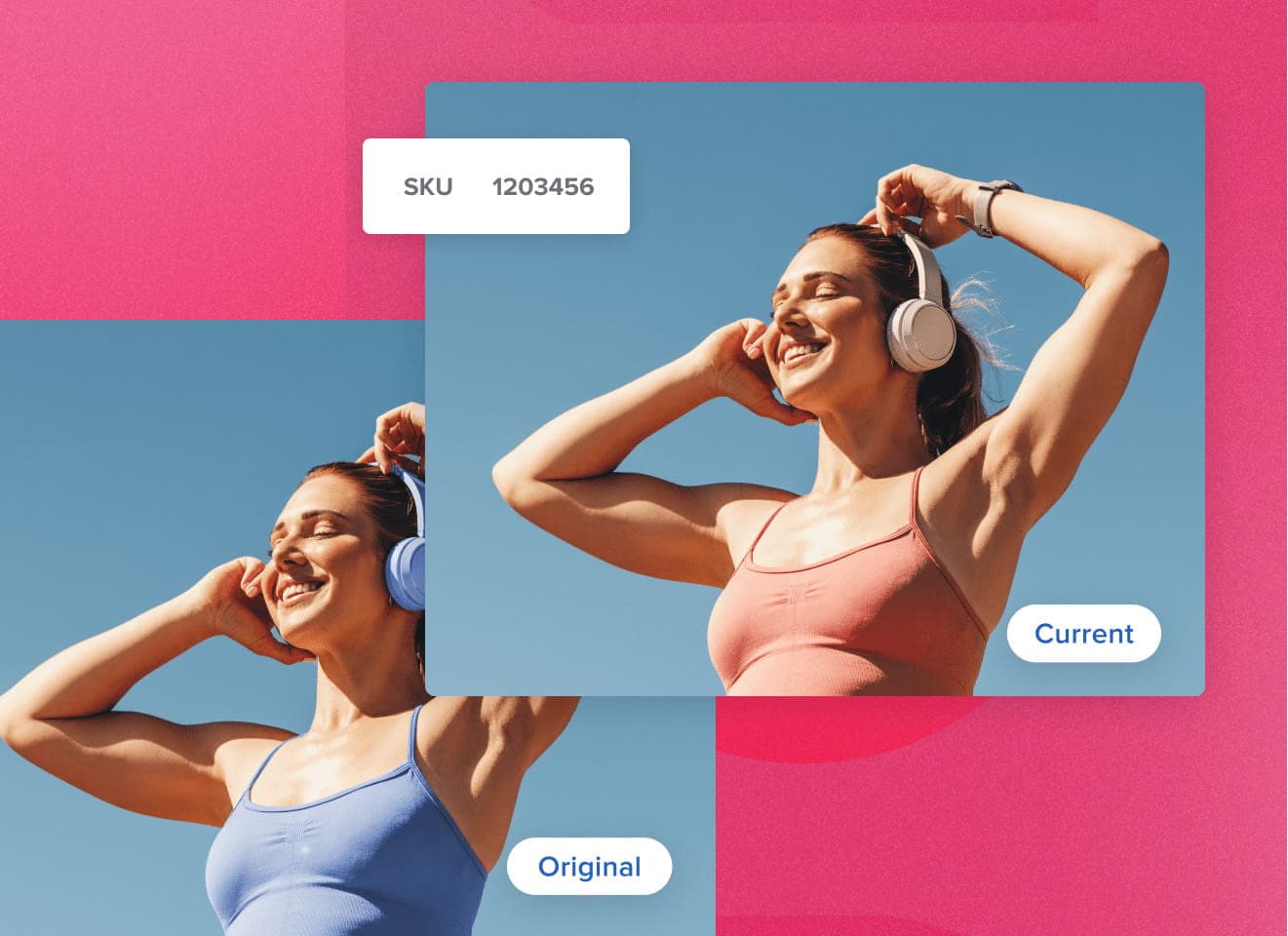 Two photo options of a woman wearing headphones in a sports bra with the SKU number