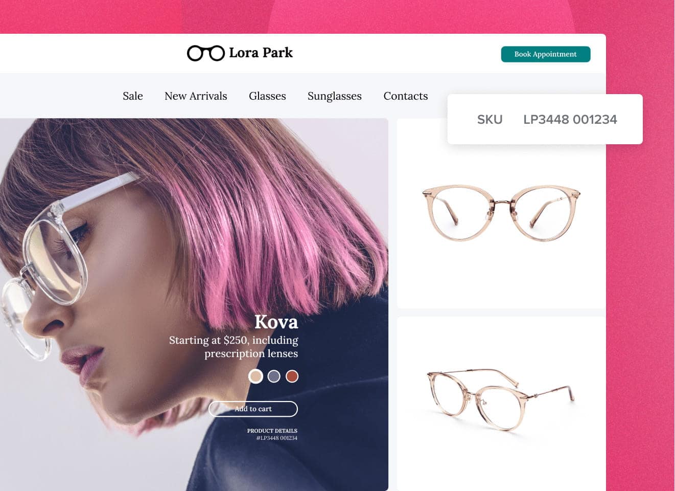 Lora Park eyewear website showing frames and SKU