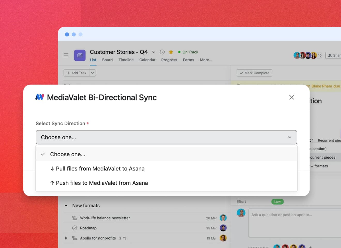 MediaValet Bidirectional Pull Module overlayed on the Asana Mockup