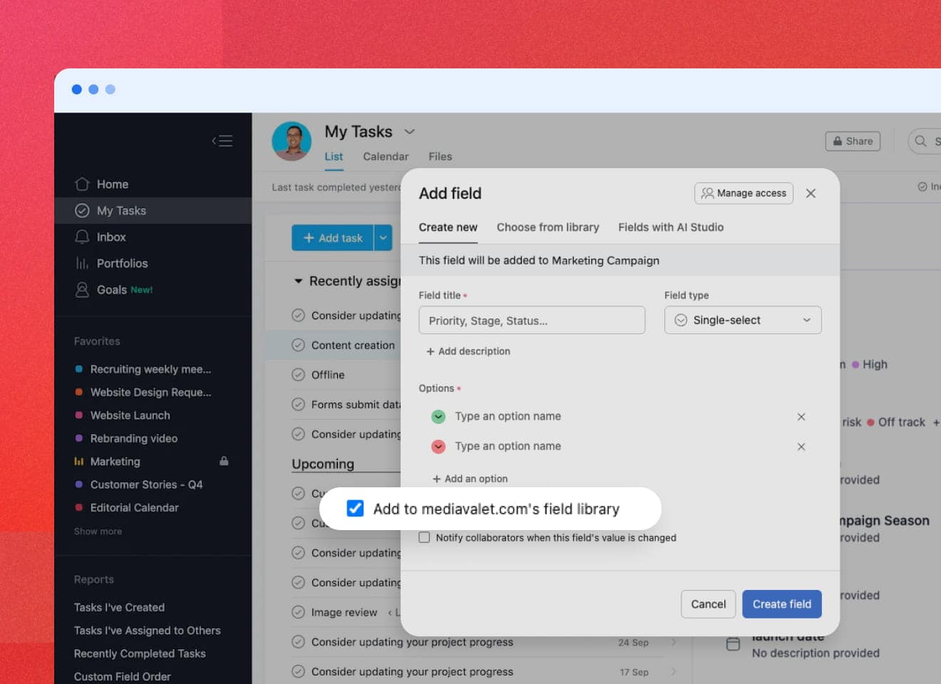 Add MediaValet call out in field library module overlayed on Asana Mockup