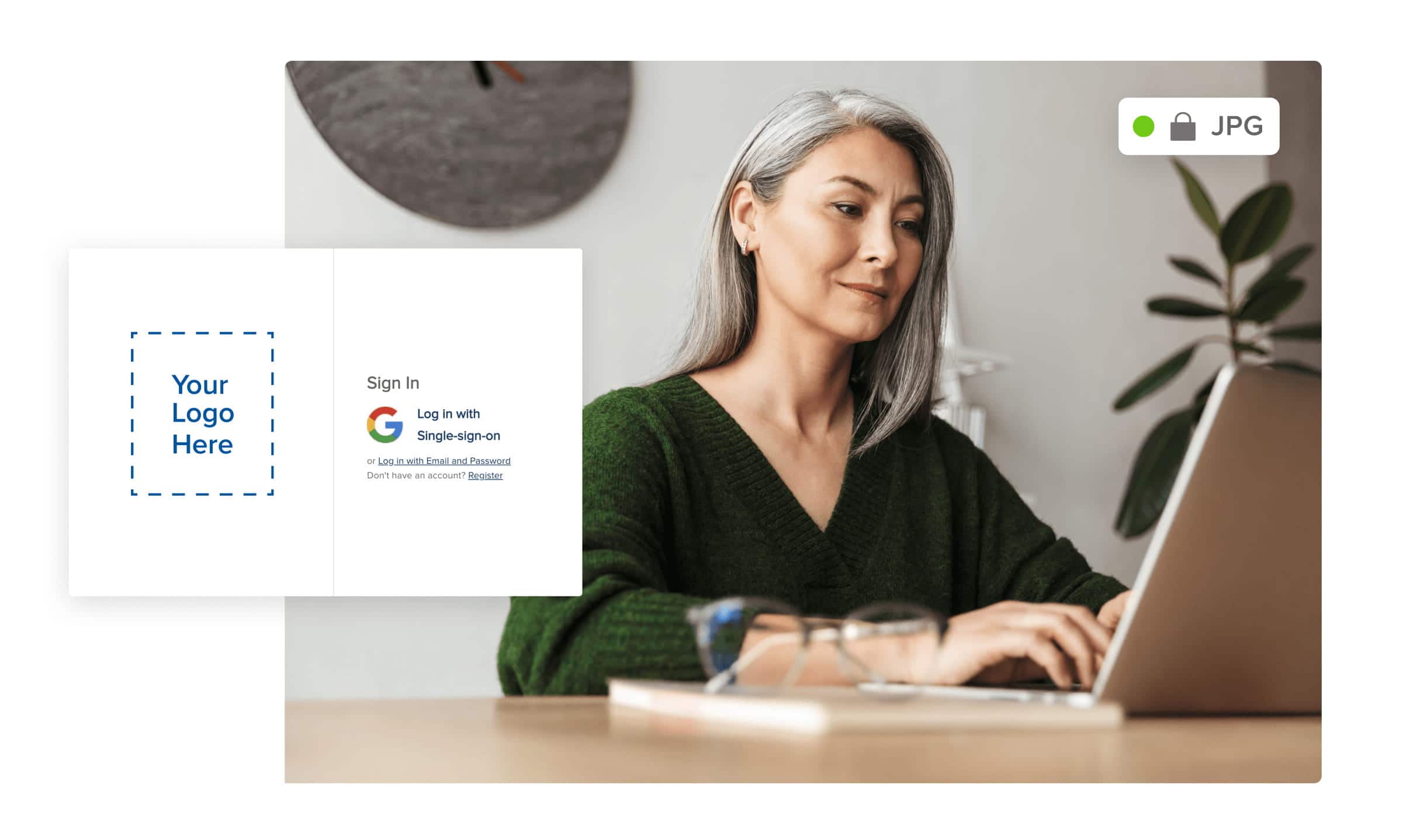 A JPG image of a women in a green sweater at a table working on her laptop with the Google SSO login screen over top on a white background