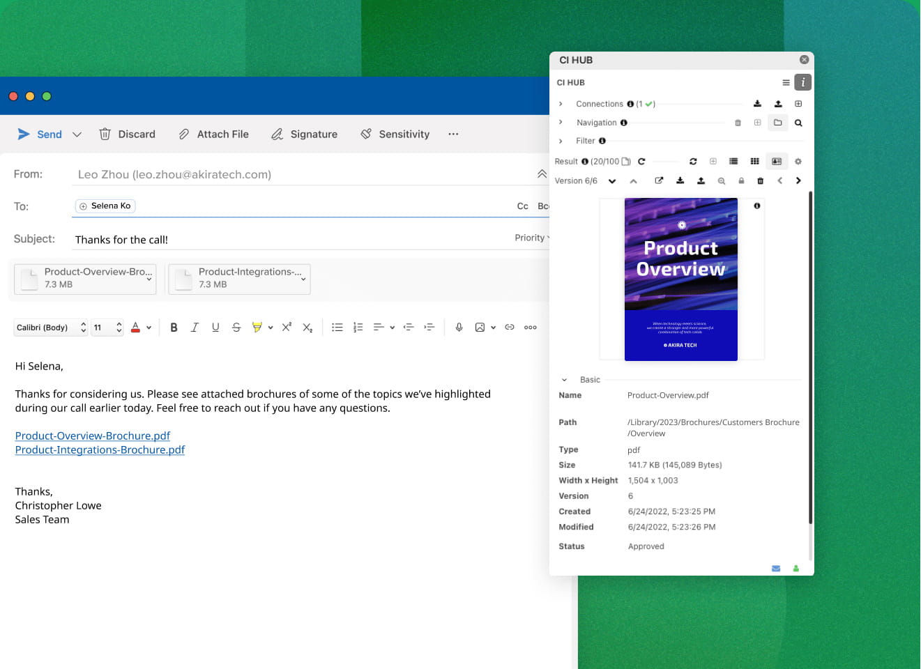 Screenshot of email and attachment using CI Hub