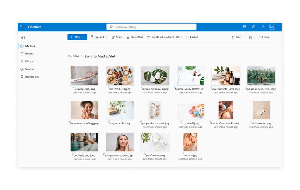 OneDrive of wellness image files with send to MediaValet function on a white background