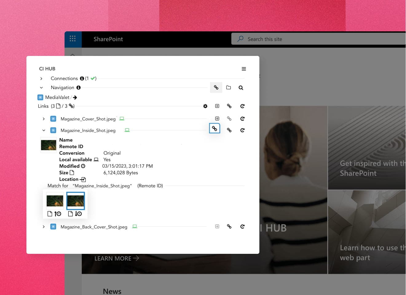 CIHUB and MediaValet product integration screen overtop the Sharepoint UI showing various images on top of a pink background