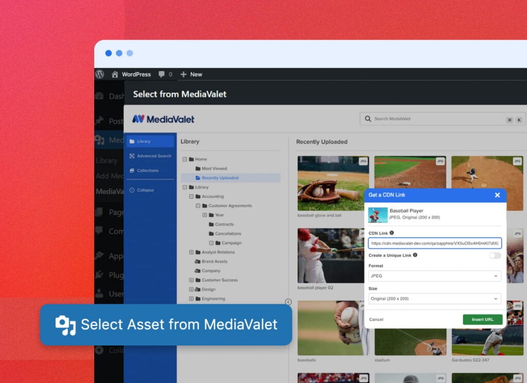 MediaValet WordPress Integrations connector showcasing getting a CDN Link directly from MediaValet within WordPress. An overlay of a Select Asset from MediaValet button is highlighted.
