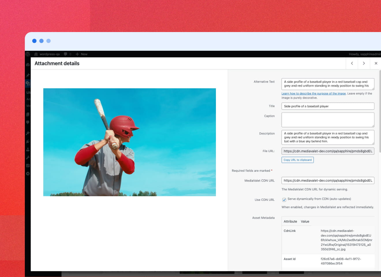 MediaValet's WordPress Integrations showcasing the Attachment Details Screen highlighting an image of a baseball player standing in swinging position