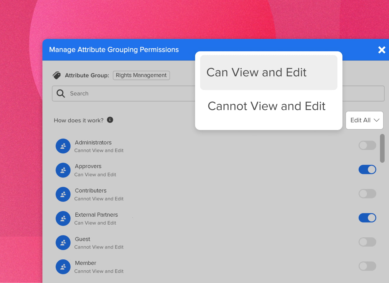Manage attribute grouping permissions module highlighting viewing and editing capability
