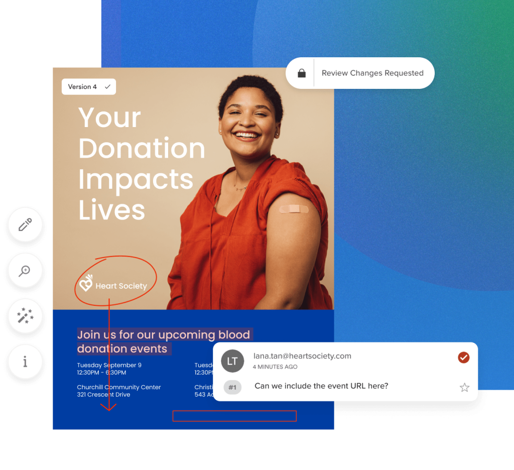 An advert of a woman in a blood donation campaign with red edits on it showing changes are required