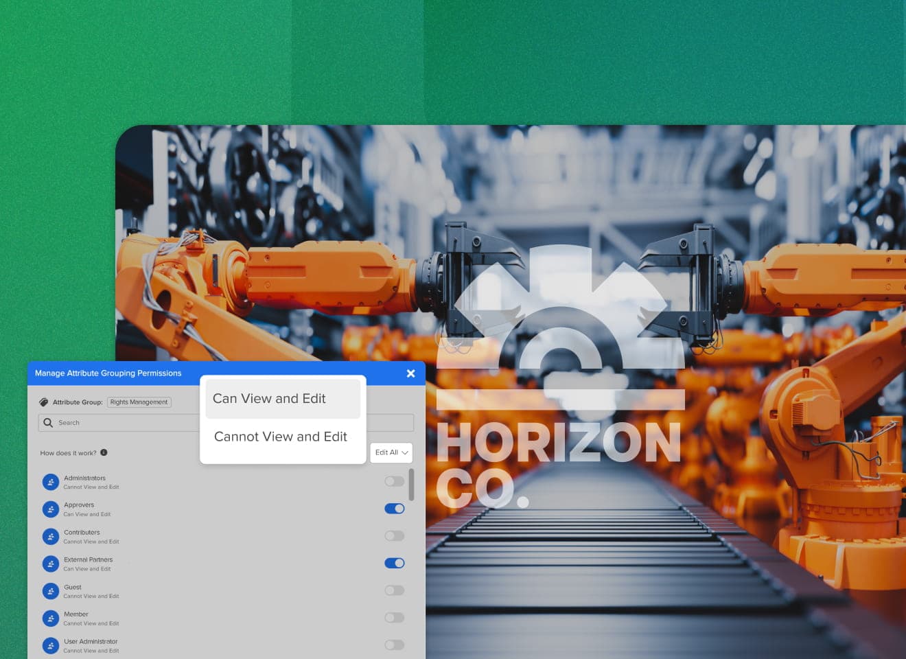 An image of a futuristic manufacturing plant with an overlay of a module highlighting MediaValet's attribute groupings permissions on viewing and editing rights.