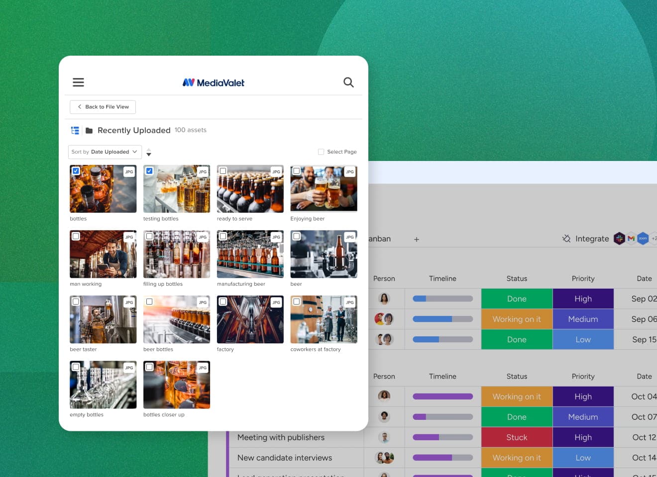 MediaValet's Unify integration modules overlayed on top of monday.com's platform. The integration module highlights a series of images associated to a beer manufacturing plant