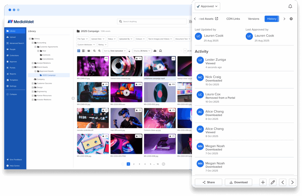 MediaValet DAM History Panel