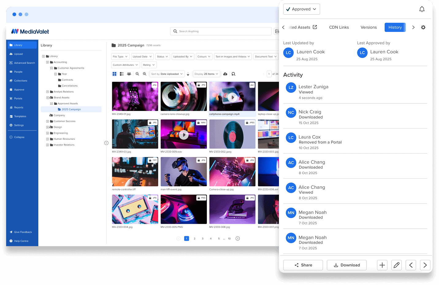 MediaValet DAM History Panel